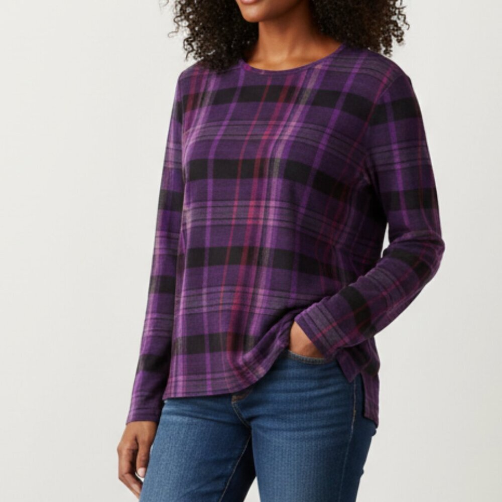 Lauren Ralph Lauren Purple Plaid Knit Crewneck Long Sleeve Top SZ XL